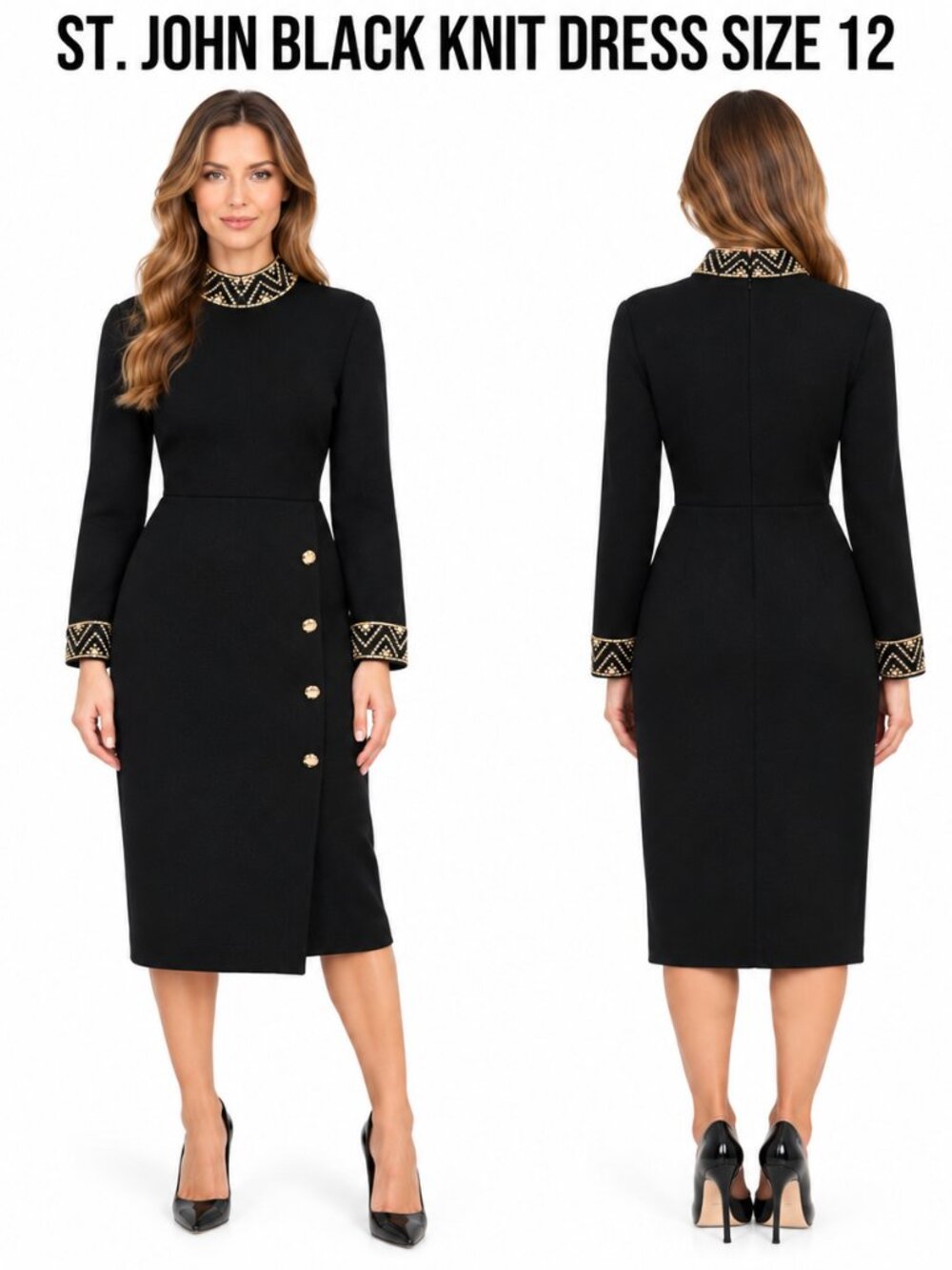 St. John Black Long Sleeve Knit Dress with Beaded Collar and Cuffs